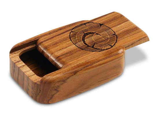 Opened View of a 3" Med Wide Teak with laser engraved image of Curling Leaf