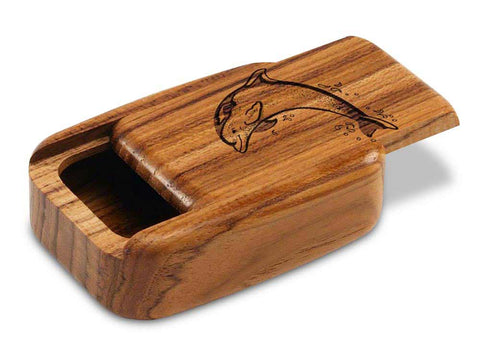 Top View of a 3" Med Wide Teak with laser engraved image of Dolphin