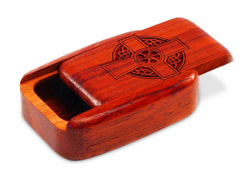 Top View of a 3" Med Wide Padauk with laser engraved image of Celtic Cross Circle