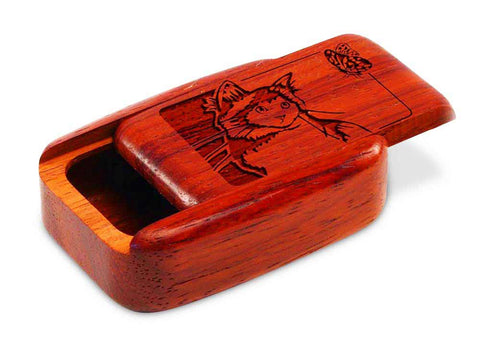 Top View of a 3" Med Wide Padauk with laser engraved image of Cat & Butterfly