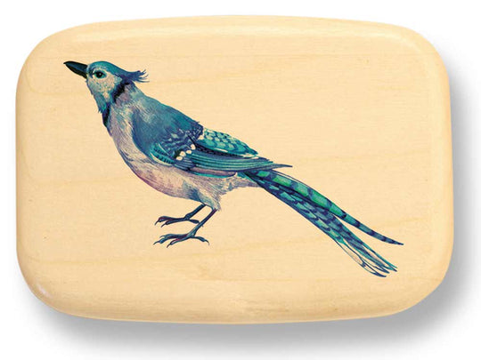 Top View of a 3" Med Wide Aspen with color printed image of Blue Jay