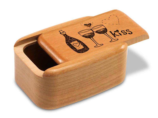 Opened View of a 3" Tall Wide Cherry with laser engraved image of Wine & Kisses