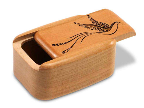 Top View of a 3" Tall Wide Cherry with laser engraved image of Fantasy Bird