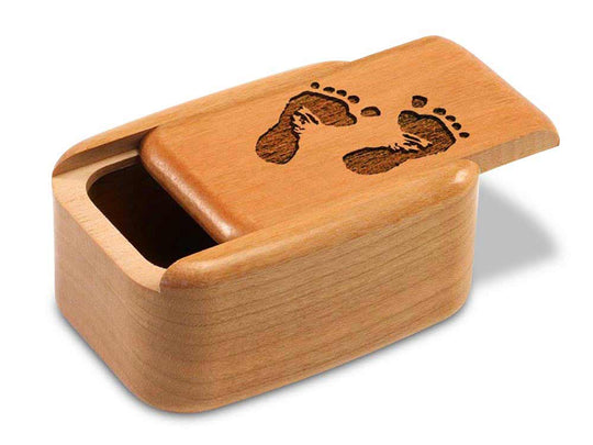 Opened View of a 3" Tall Wide Cherry with laser engraved image of Footprints