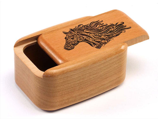 Opened View of a 3" Tall Wide Cherry with laser engraved image of Pattern Horse