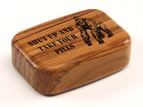 Open View of a Teak Organizer Box with laser engraved image of Gorilla Pills