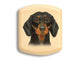 Top View of a 2" Flat Wide Aspen with color printed image of Black and Tan Dachshund