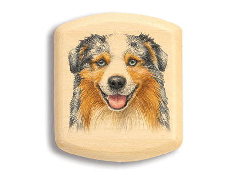 Top View of a 2" Flat Wide Aspen with color printed image of Australian Shepherd