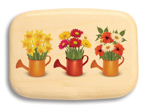 Open View of a Treasure Box with color printed image of Watering Cans with Flowers, w/ Flower Food