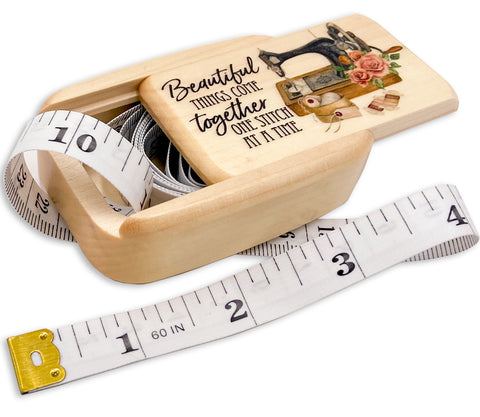 Open View of a Treasure Box with color printed image of Sewing Machine w/ Measuring Tape