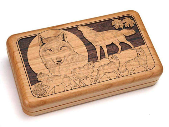 Top View of a Hinged Box 8x5" with laser engraved image of Wolves
