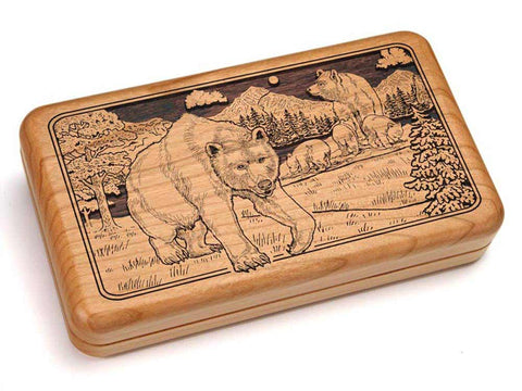 Top View of a Hinged Box 8x5" with laser engraved image of Bear/Mountains