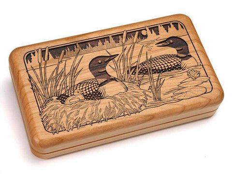 Top View of a Hinged Box 8x5" with laser engraved image of Loons Nestling