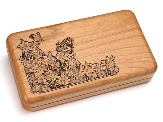 Top View of a Hinged Box 8x5" with laser engraved image of Floral Butterfly Corner