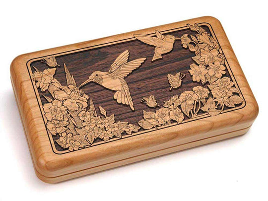 Top View of a Hinged Box 8x5" with laser engraved image of Two Hummingbirds