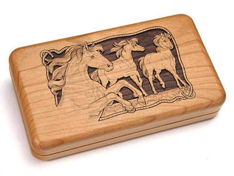 Top View of a Hinged Box 8x5" with laser engraved image of Horses/Rope Border