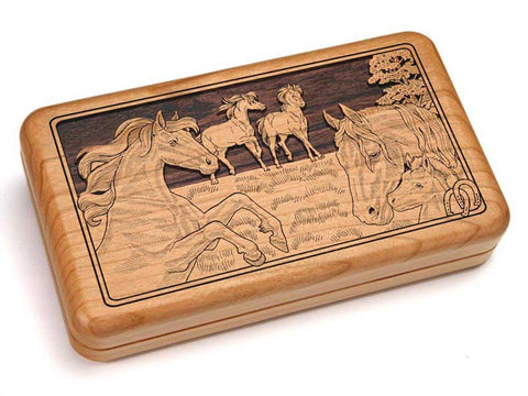 Top View of a Hinged Box 8x5" with laser engraved image of Horses