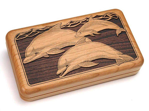 Top View of a Hinged Box 8x5" with laser engraved image of Two Dolphins