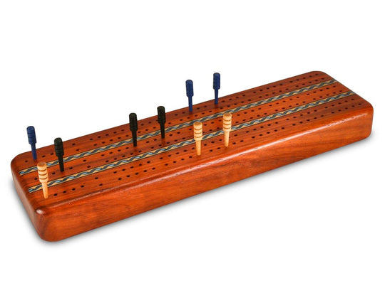 Top View of a Padauk Inlay 3 Track Cribbage Board w/ Cards