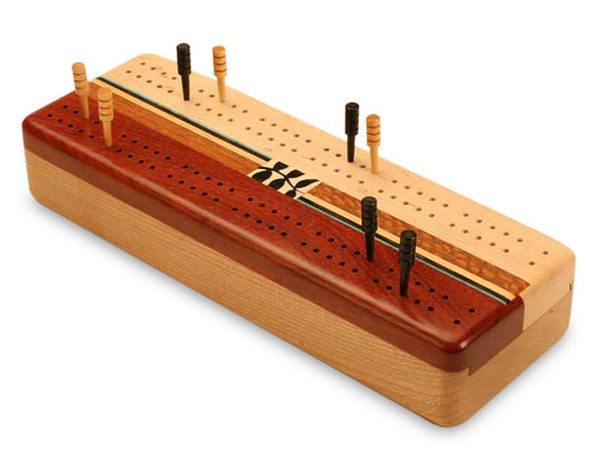 Top View of a Cherry Cribbage Board Vine Top and Cards