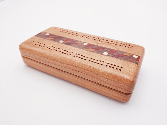 Top View of a Cherry Cribbage Board Inlay and Cards