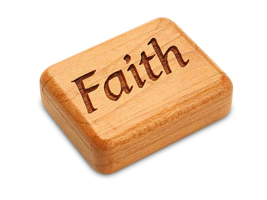 Opened View of a 2" Flat Narrow Cherry with laser engraved image of Faith