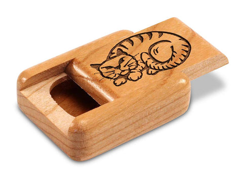 Top View of a 2" Flat Narrow Cherry with laser engraved image of Folk Cat