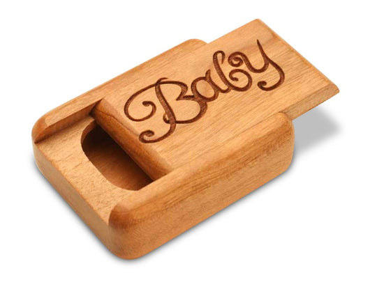 Top View of a 2" Flat Narrow Cherry with laser engraved image of Baby