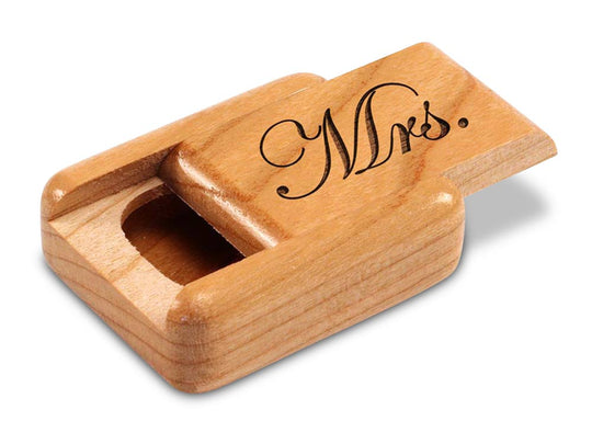 Opened View of a 2" Flat Narrow Cherry with laser engraved image of Mrs.