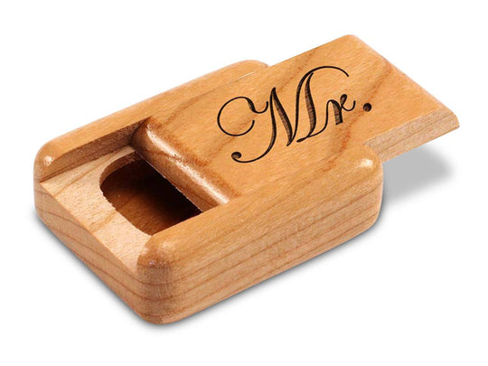Opened View of a 2" Flat Narrow Cherry with laser engraved image of Mr.