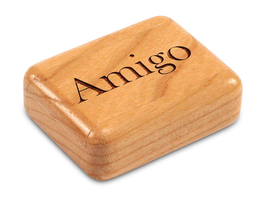 Top View of a 2" Flat Narrow Cherry with laser engraved image of Amigo