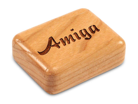 Top View of a 2" Flat Narrow Cherry with laser engraved image of Amiga