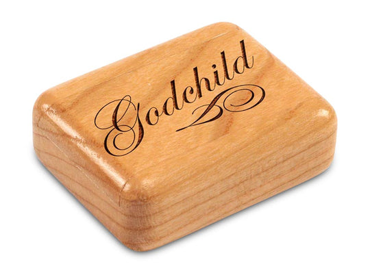 Top View of a 2" Flat Narrow Cherry with laser engraved image of Godchild