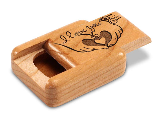 Opened View of a 2" Flat Narrow Cherry with laser engraved image of I Love You