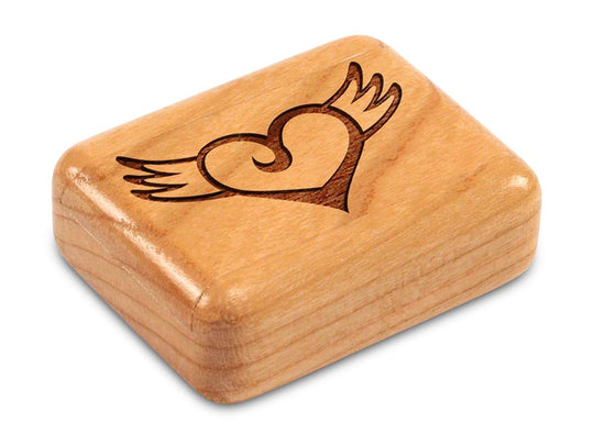 Top View of a 2" Flat Narrow Cherry with laser engraved image of Winged Heart