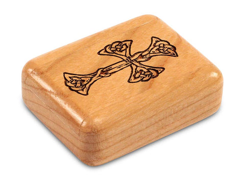 Top View of a 2" Flat Narrow Cherry with laser engraved image of Celtic Cross