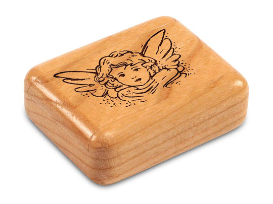 Top View of a 2" Flat Narrow Cherry with laser engraved image of Angel Face