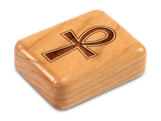 Top View of a 2" Flat Narrow Cherry with laser engraved image of Ankh