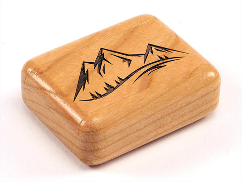 Top View of a 2" Flat Narrow Cherry with laser engraved image of Mountains