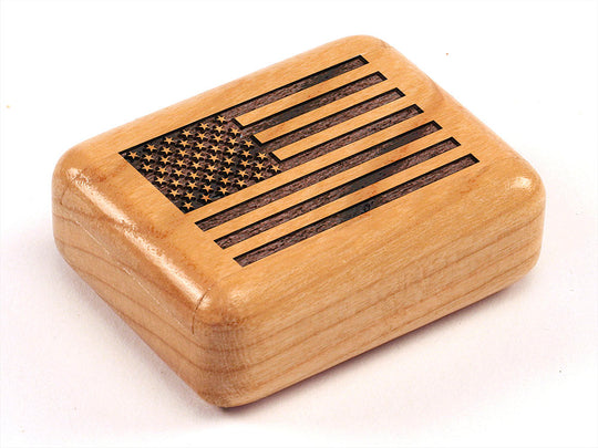 Top View of a 2" Flat Narrow Cherry with laser engraved image of American Flag