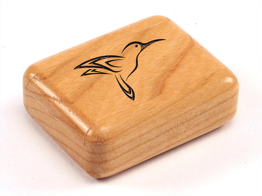 Top View of a 2" Flat Narrow Cherry with laser engraved image of Stylized Hummingbird