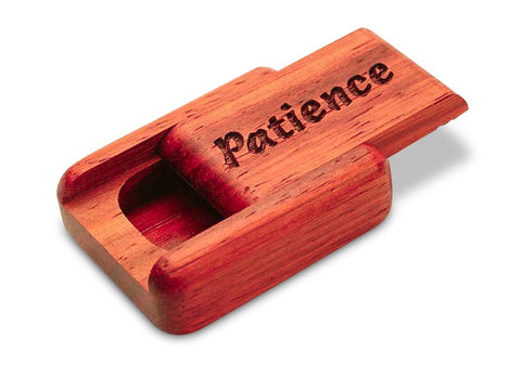 Top View of a 2" Flat Narrow Padauk with laser engraved image of Patience