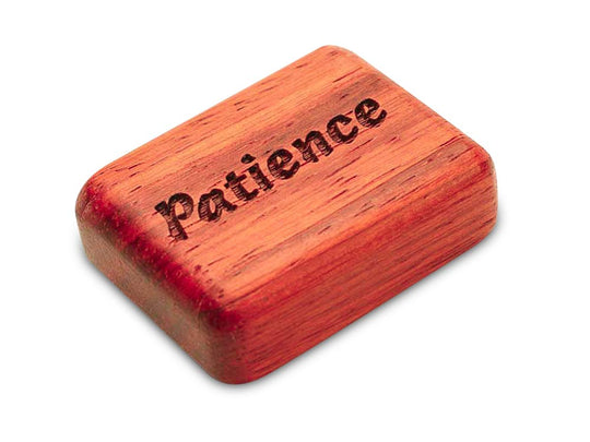 Opened View of a 2" Flat Narrow Padauk with laser engraved image of Patience