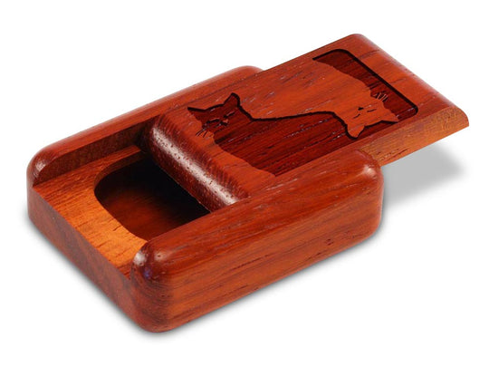 Opened View of a 2" Flat Narrow Padauk with laser engraved image of Cat Memories