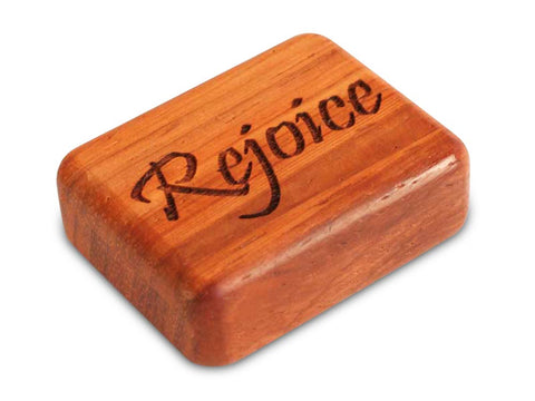 Top View of a 2" Flat Narrow Padauk with laser engraved image of Rejoice