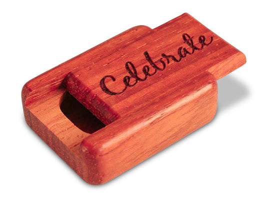Top View of a 2" Flat Narrow Padauk with laser engraved image of Celebrate