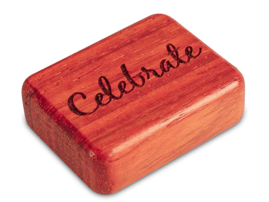 Opened View of a 2" Flat Narrow Padauk with laser engraved image of Celebrate
