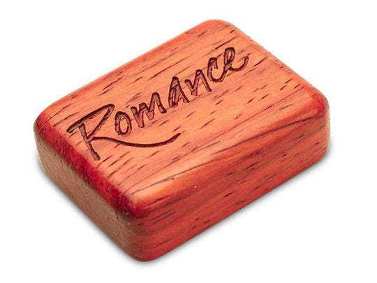 Opened View of a 2" Flat Narrow Padauk with laser engraved image of Romance