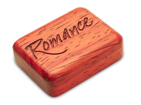 Top View of a 2" Flat Narrow Padauk with laser engraved image of Romance