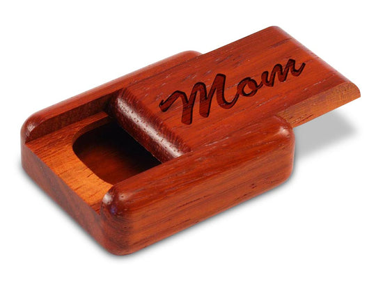Opened View of a 2" Flat Narrow Padauk with laser engraved image of Mom
